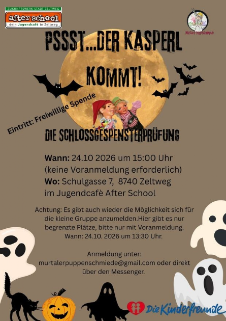 Plakat "Der Kasperl kommt" am 24.10.2026. Dieses Mal: Die Schlossgespensterprüfung