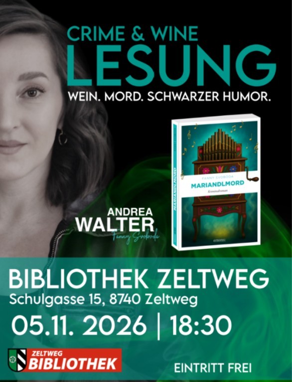 Plakat Lesung Andrea Walter in der Städtischen Bibliothek Zeltweg, 05.11.2026