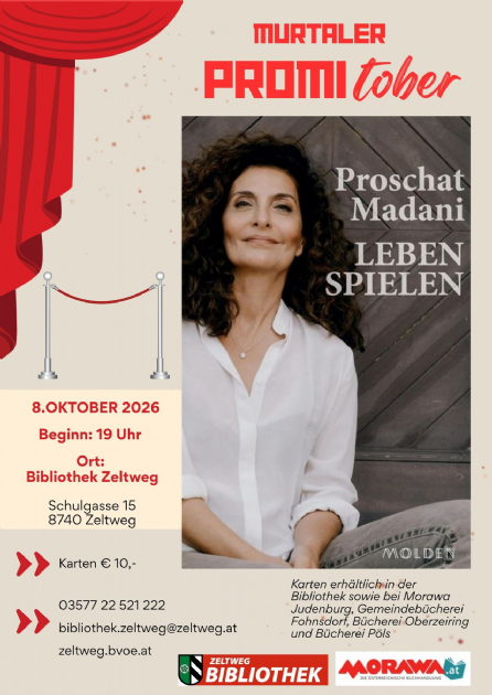 Plakat zur Lesung von Proschat Madani in der Städtischen Bibliothek Zeltweg