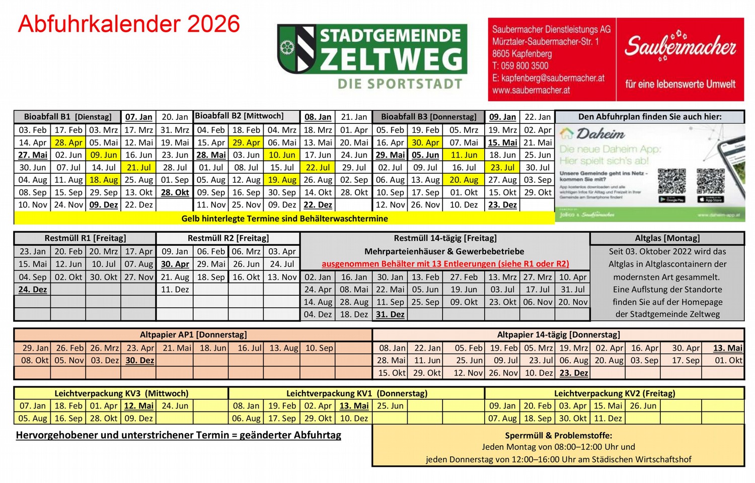 Müllabfuhrkalender Zeltweg 2026