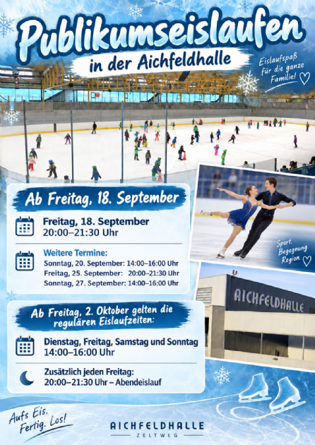 Plakat mit Informationen zum Publikumseislaufen in der Aichfeldhalle in der Saison 2026/2027