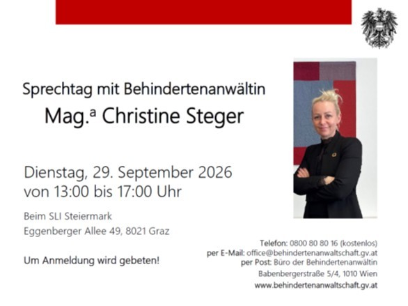 Plakat Sprechtag mit Behindertenanwältin Mag. Christine Steger am 29.09.2026
