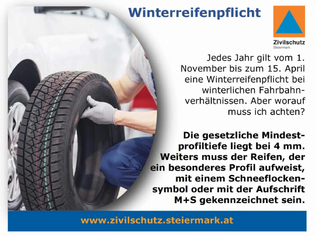 Plakat Winterreifenpflicht in Österreich von 1. November 2026 bis 15. April 2027